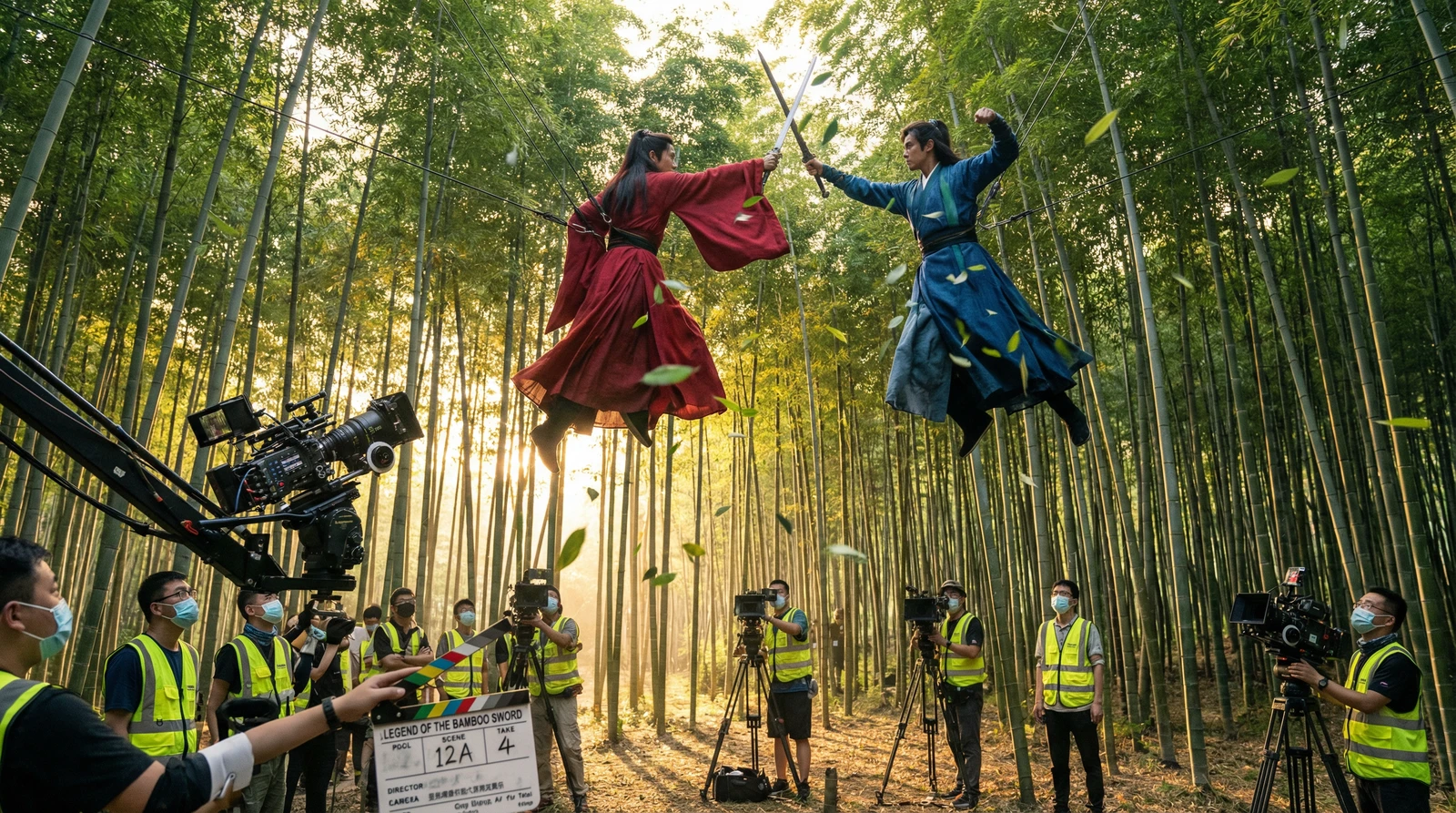 国产自拍武侠动作片竹林对决拍摄现场